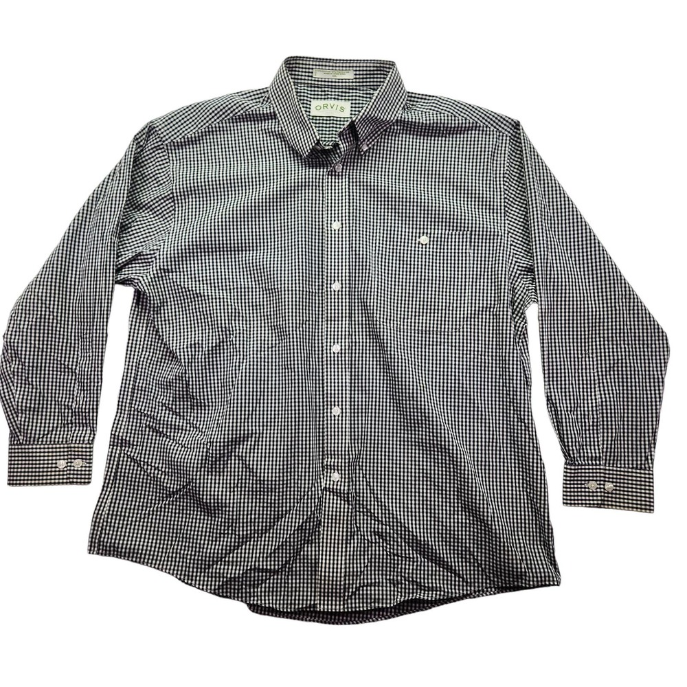 Orvis Shirt Mens XXL Gingham Plaid Black White Button Down Cotton Long Sleeves